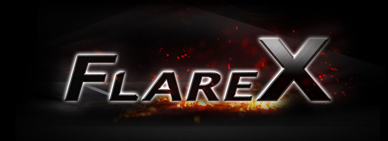 Large texts of “FLARE X” in the center, with flame burning in the background